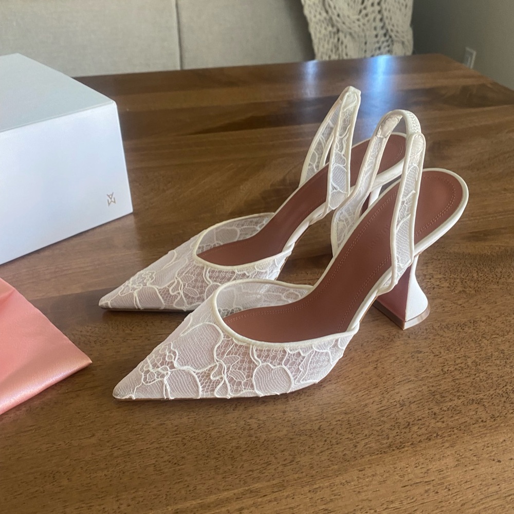 Amina Muaddi White Lace Heels